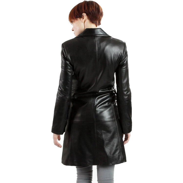 A Black Leather Walking Trench Coat For Women - Leather Jackets USA