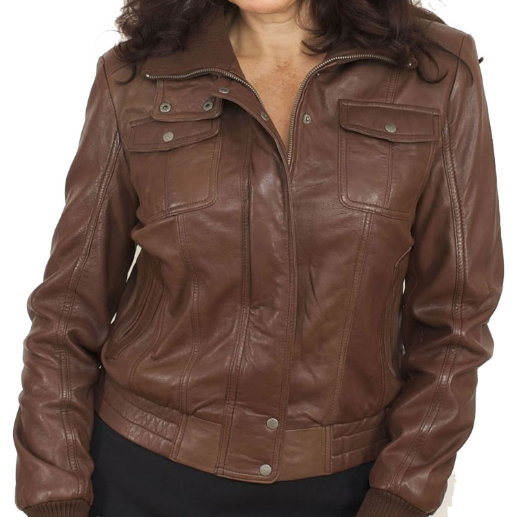 Front Pocket Brown Leather Bomber Jacket For Women | Leather ...