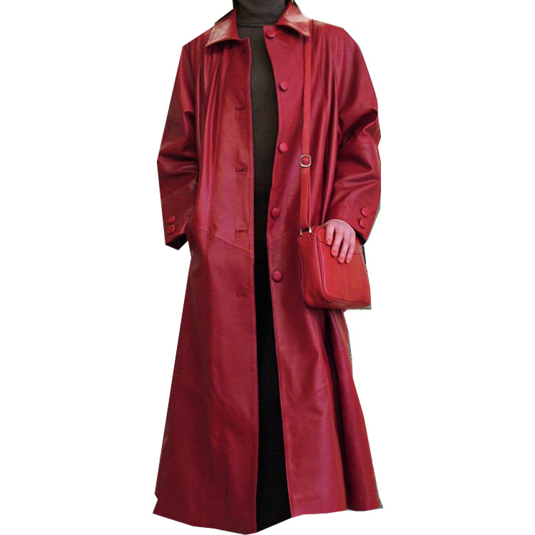 A Red Color Long Leather Ladies Coat