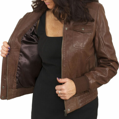 Front Pocket Brown Leather Bomber Jacket For Women