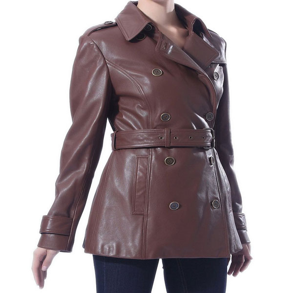 Removable belt Trench Short Leather Coat - Leather Jackets USA