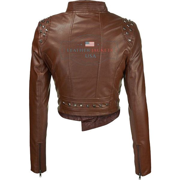 Brown Rider faux leather jackets For womensback