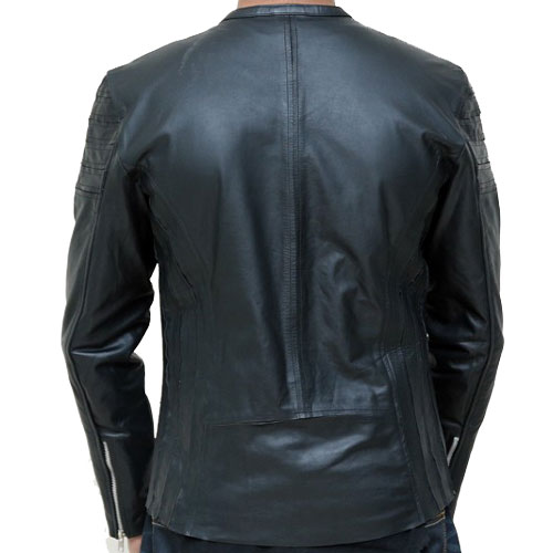 Black Collarless Thin Leather Jacket