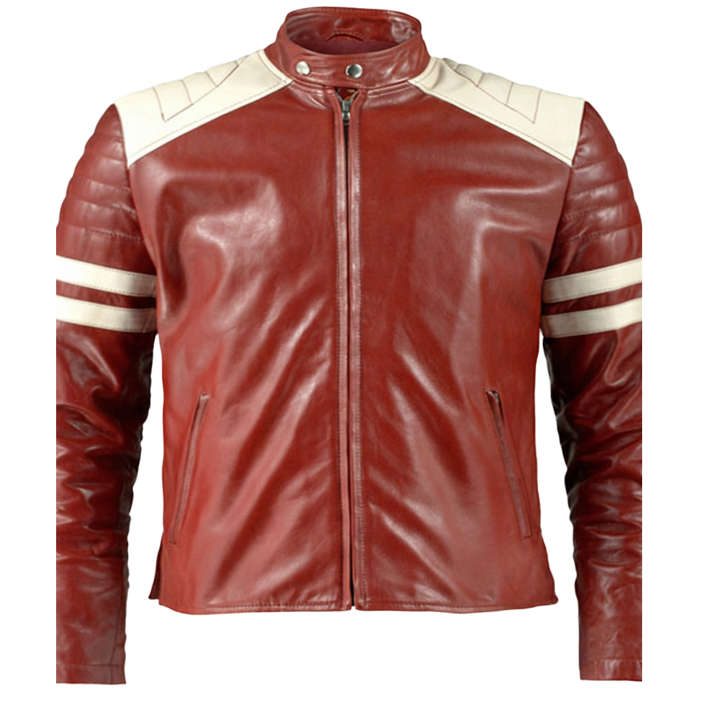 White Strips Red Motorcycle Leather Jacket